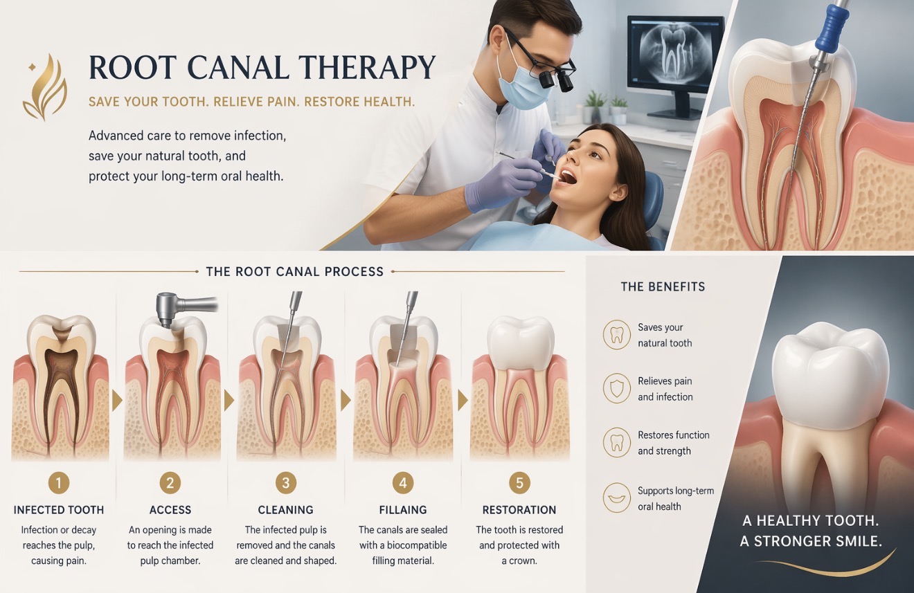 Root canal therapy collage showing diagnosis, treatment, and restored tooth
