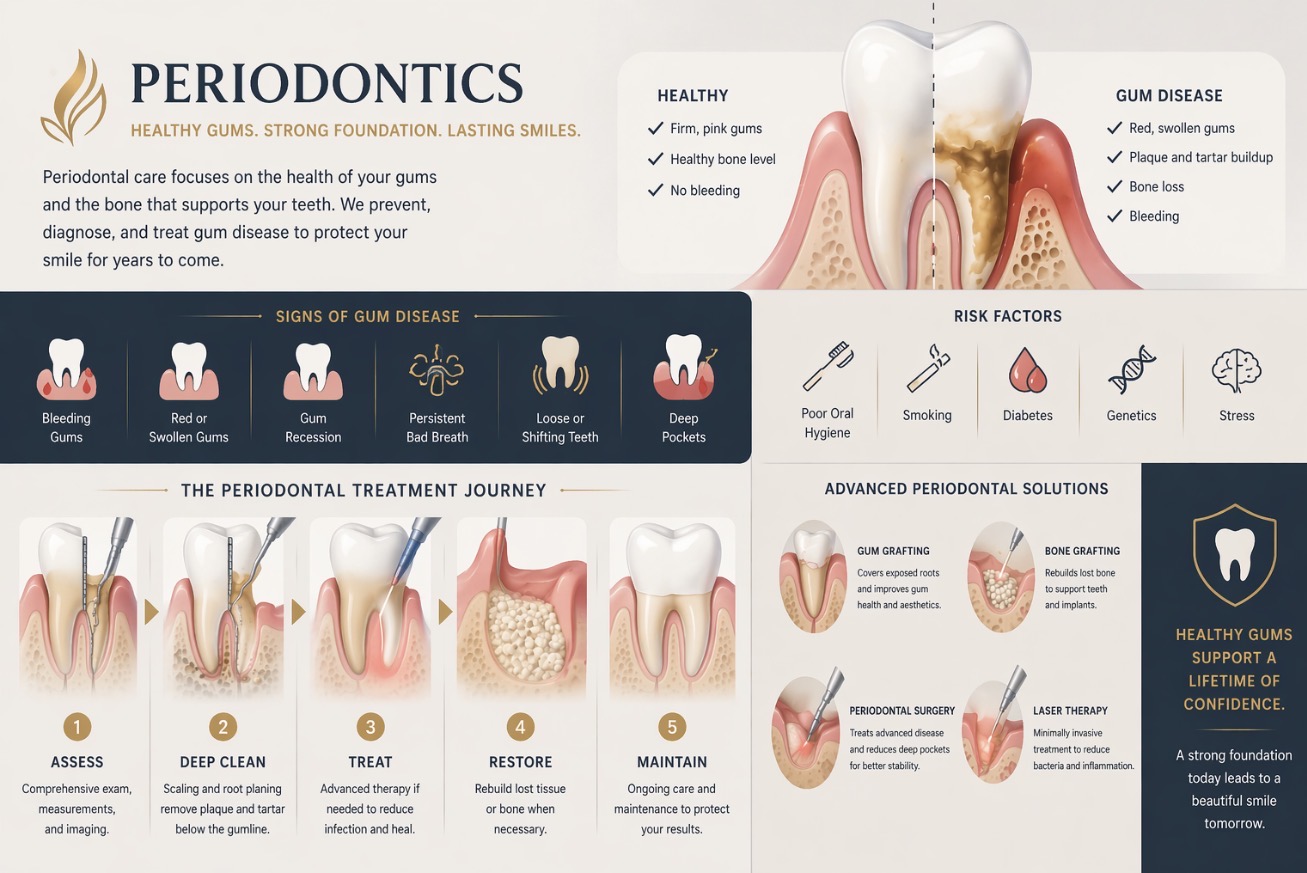 Periodontics collage showing gum health, treatment, and periodontal care
